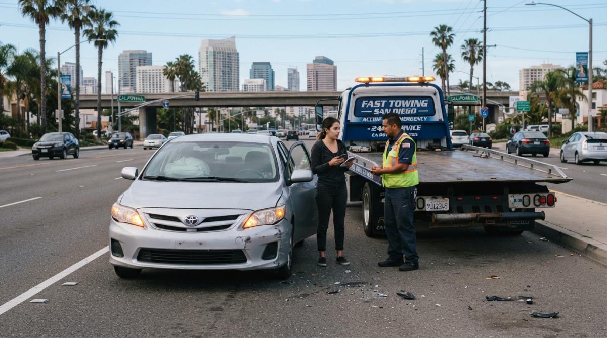 Driver standing safely outside their damaged vehicle on the side of a San Diego freeway with hazard lights visible, taking photos of accident damage with smartphone