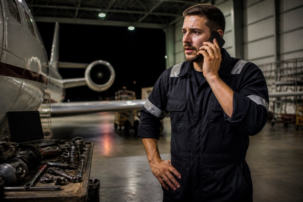 Maintenance technician in work uniform speaking urgently on mobile phone inside aircraft hangar at night, with aircraft silhouette visible in background, demonstrating emergency response communication under hangar lighting