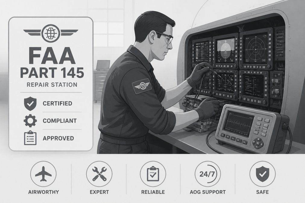 FAA-certified aircraft technician in blue uniform performing detailed diagnostics on aircraft avionics panel with specialized test equipment, showing professional expertise and concentration under bright workshop lighting