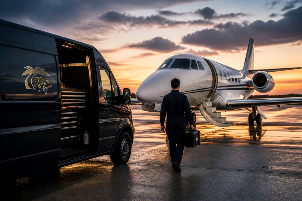 A mobile AOG maintenance van parked beside a private jet on a South Florida tarmac at dusk, with a technician in coveralls carrying a diagnostic laptop toward the aircraft