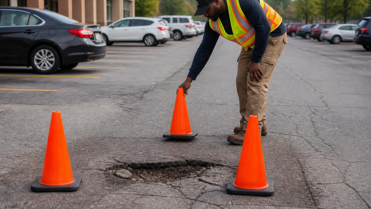Infographic diagram illustrating safety protocols for emergency asphalt repair in a busy commercial parking lot