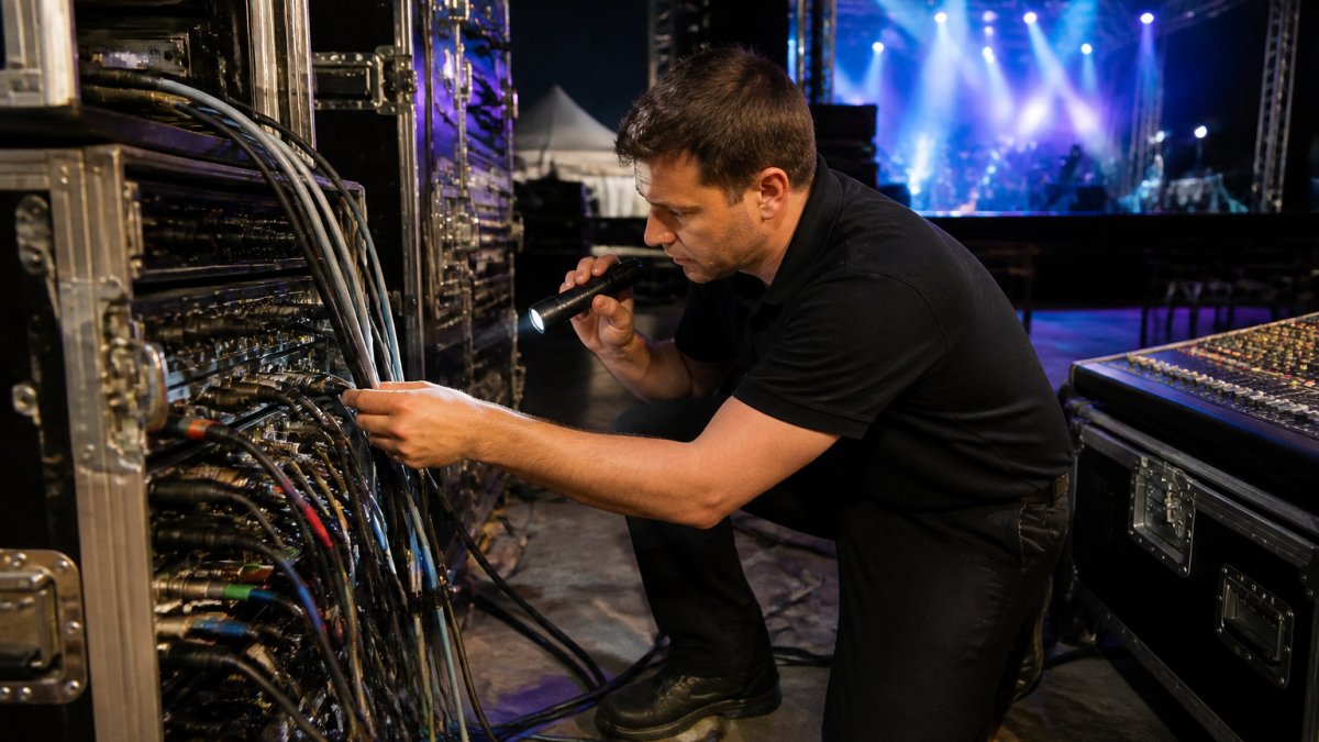A live event AV technician in a black polo shirt kneeling at a stage-side rack, flashlight in hand, checking cable connections and a mixing console while a concert stage glows in the background