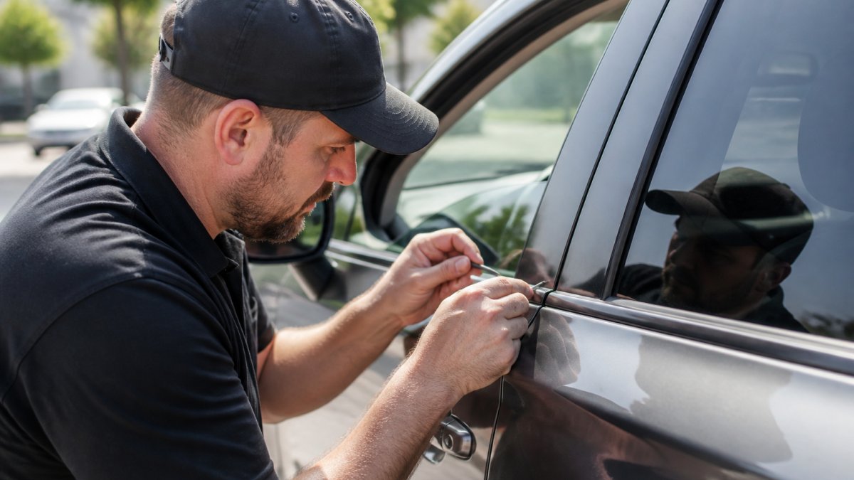 Professional locksmith using specialized tools to safely unlock a car door without damage, demonstrating careful technique and focus under natural daylight