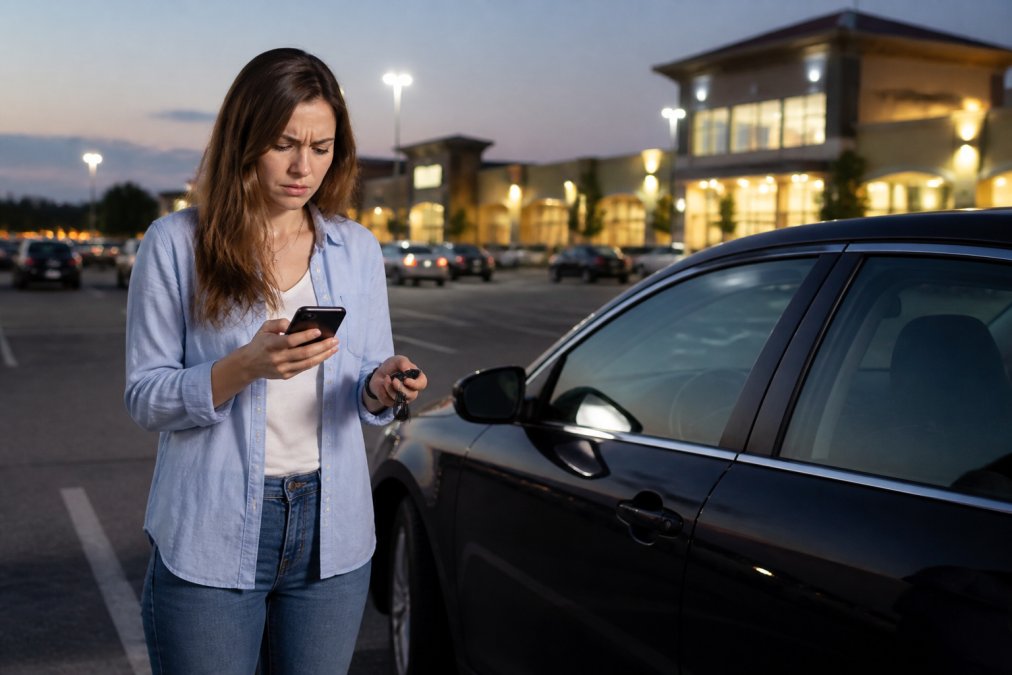 A person standing next to a sedan in a parking lot at dusk, looking at their phone while holding car keys, with a concerned expression and a well-lit shopping center in the background