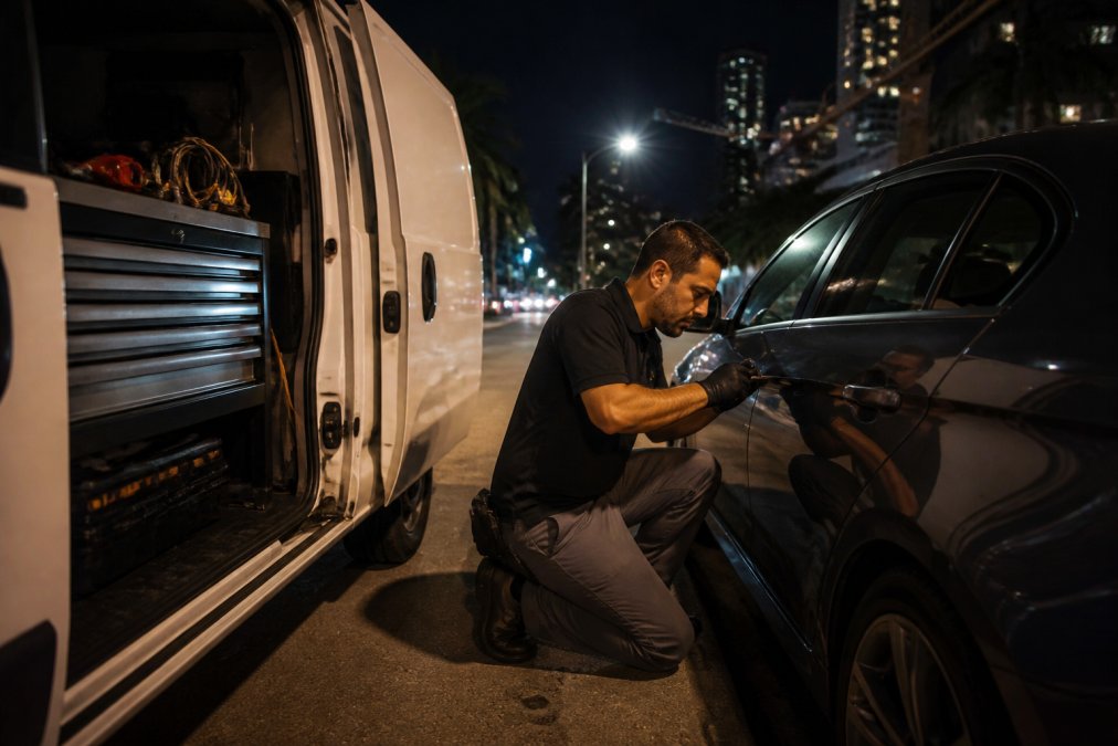 A locksmith technician in a service van parked beside a stranded car at night on a city street, tools in hand, working on the driver's door under streetlights