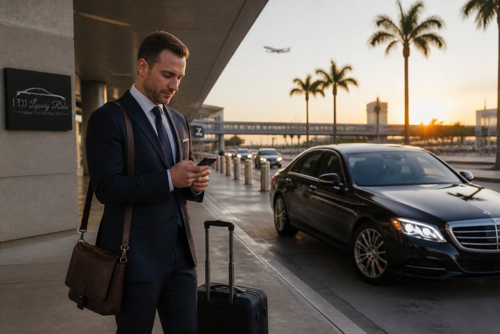 A business traveler standing at a Tampa airport curb at dawn, looking at a smartphone with a calm expression, with a black luxury sedan waiting nearby and palm trees in the background