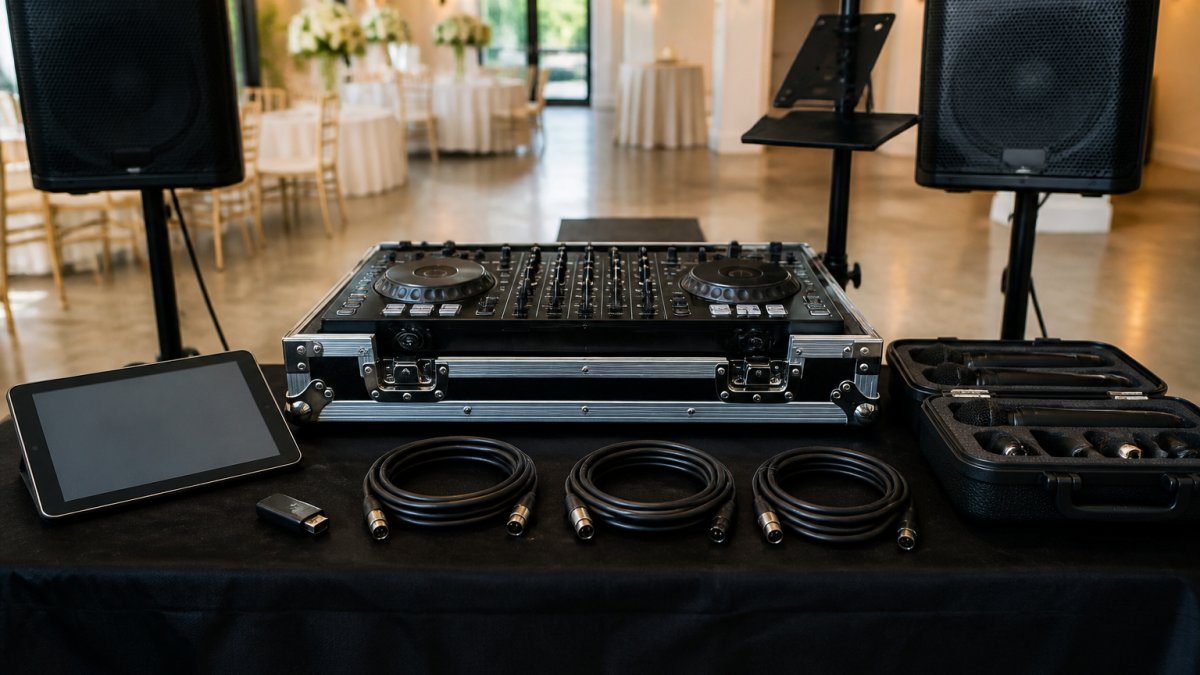 Professional DJ setup with dual speakers, backup microphones, extra XLR cables neatly coiled, a tablet controller, and a backup USB drive arranged on a black equipment table in a bright venue space