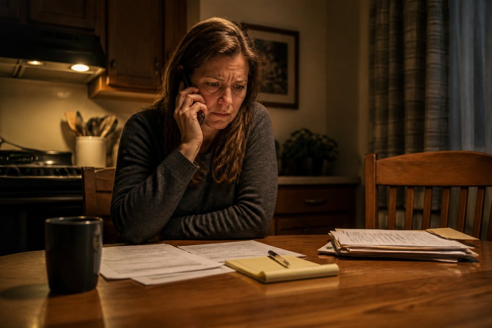 A worried family member talking on a phone late at night, sitting at a kitchen table with papers and a notepad in front of them, warm indoor lighting