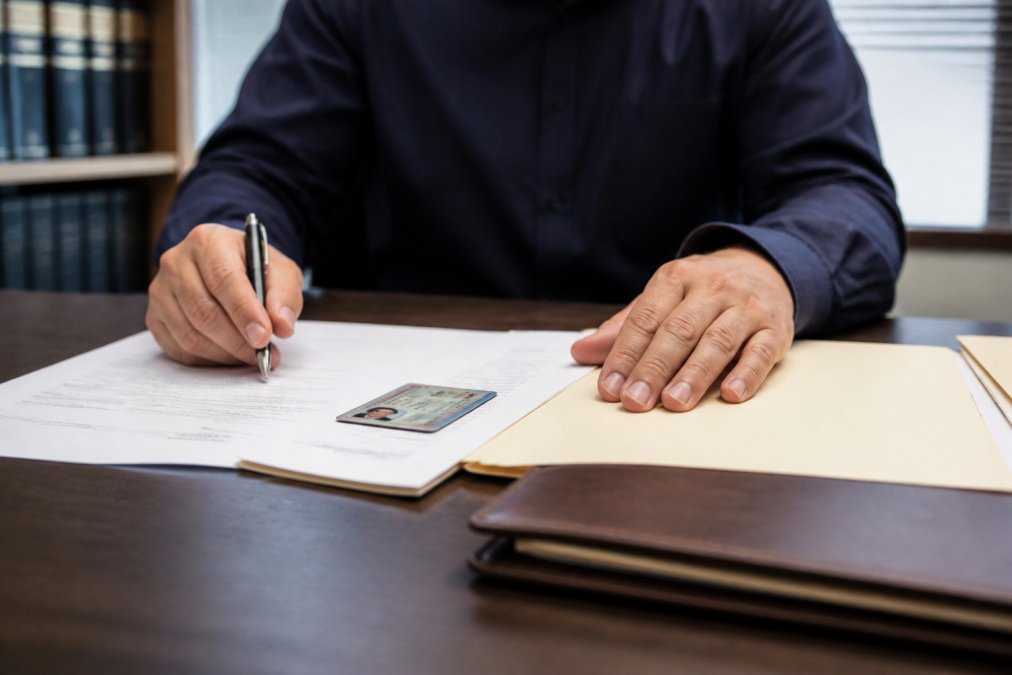 A person at a desk organizing documents including a government-issued ID card, paperwork, and a pen under bright office lighting, preparing for an important appointment
