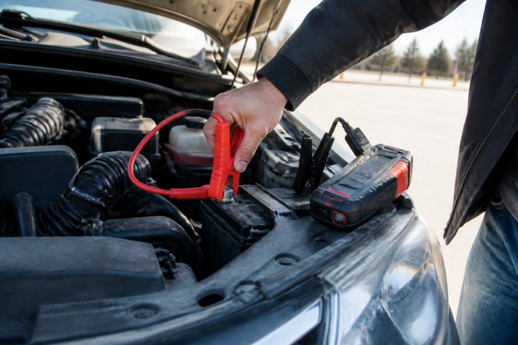 A close-up of a driver's hand connecting red safety clamps to a car battery terminal in daylight, with the portable jump starter pack visible on the engine bay