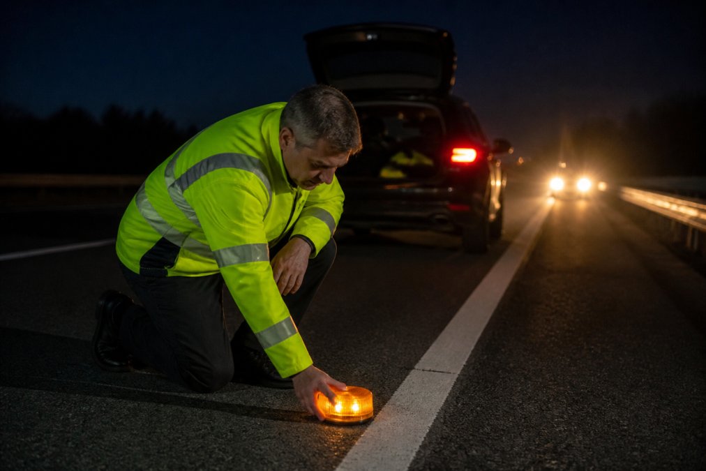 Emergency Beacon Features for Night Driving: A 2026 Guide Motorist in high-visibility clothing placing an amber flashing beacon on the road surface at night, with a stationary vehicle visible in the background and headlights approaching in the distance
