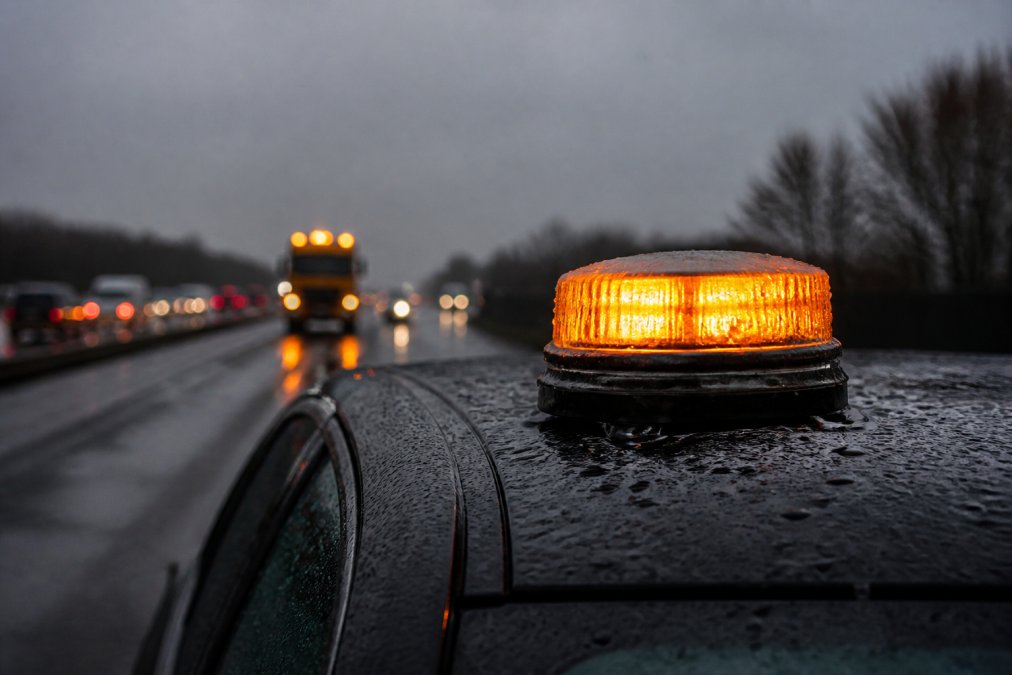 Emergency Beacon Features for Night Driving: A 2026 Guide Close-up of a magnetic emergency beacon mounted on a vehicle roof during heavy rain and wind, with water droplets visible on the lens and wet road surface below