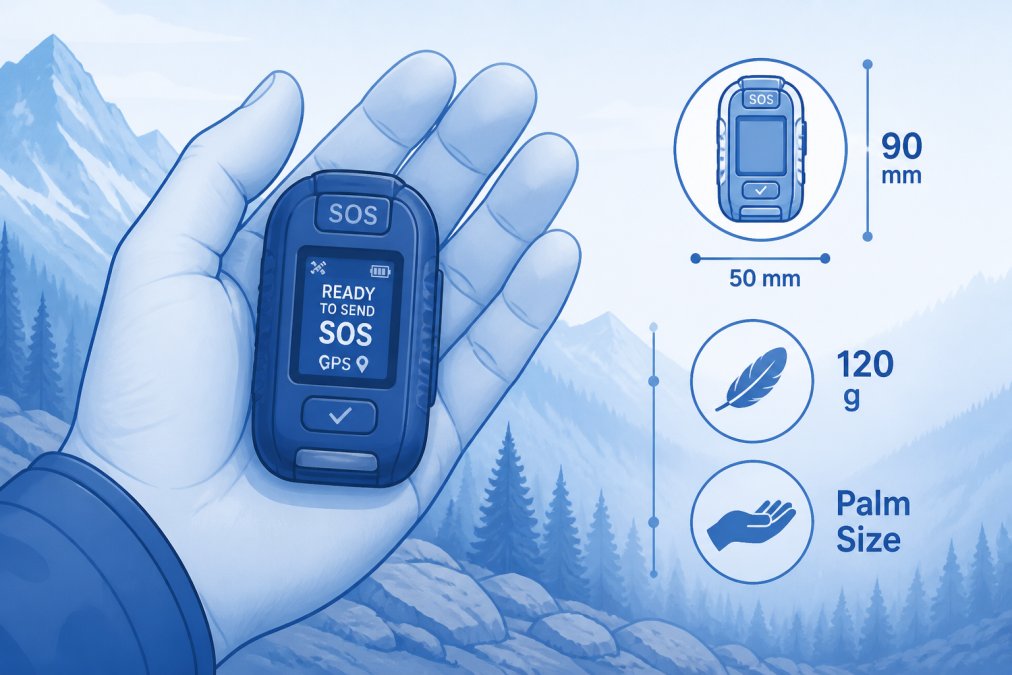 Emergency Beacon Features to Look For: 2026 Guide Close-up of a hand holding a compact personal locator beacon in an outdoor mountainous environment, showing the device's size relative to the palm and its digital display screen clearly visible