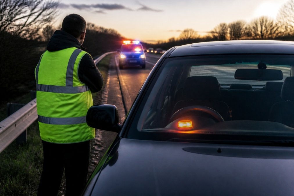 Emergency Beacon Features to Look For: 2026 Guide A motorist standing beside a broken-down vehicle on a motorway verge at dusk, with hazard warning lights and a Roadflash emergency beacon visible on the dashboard, emergency services vehicle approaching in the distance