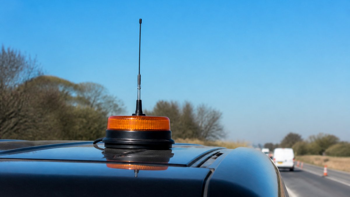 Emergency Beacon Mounting Locations for Storms A magnetic emergency beacon securely mounted on a dark vehicle roof, showing the beacon's antenna pointing upward at proper angle with clear sky visibility, photographed in daylight with natural lighting