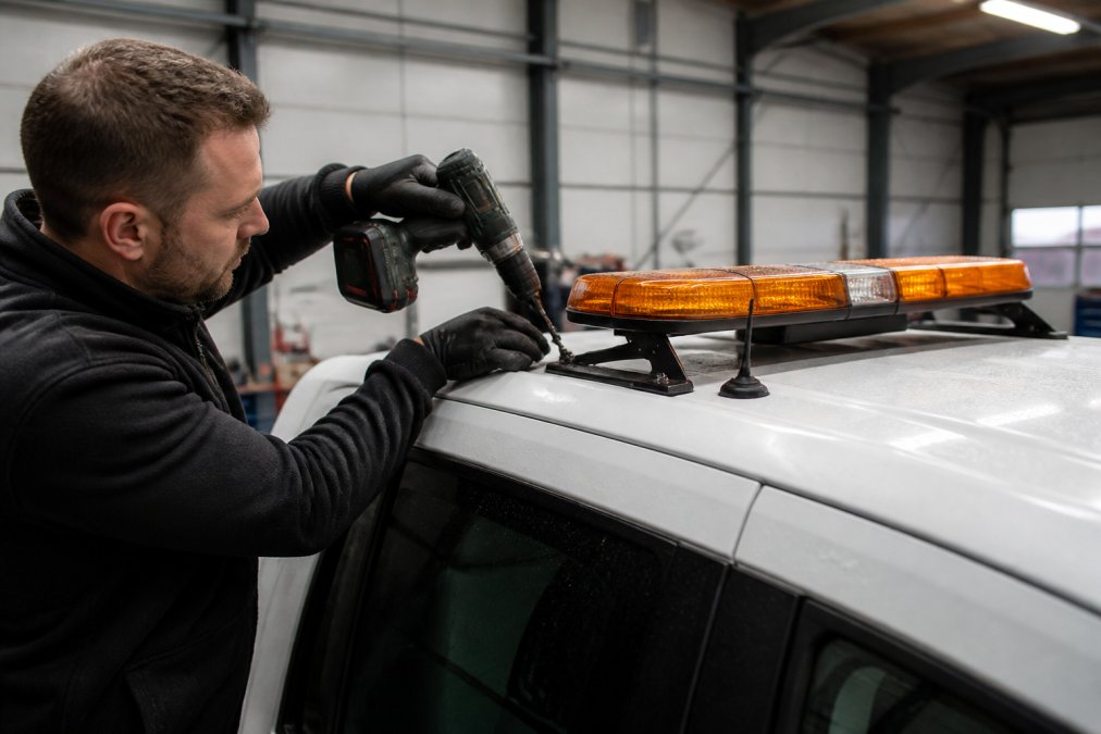 Emergency Beacon Pricing for Business Fleets Professional technician installing a high-visibility LED lightbar and emergency beacon on the roof of a commercial vehicle, using mounting brackets and power tools, with the vehicle parked in a service bay under bright workshop lighting