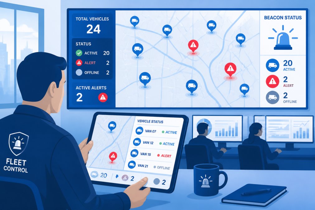 Emergency Beacon Pricing for Business Fleets Fleet manager reviewing real-time GPS tracking and emergency beacon status on a tablet in a vehicle dispatch centre, with multiple vehicle locations displayed on a digital map, showing active monitoring and alert indicators