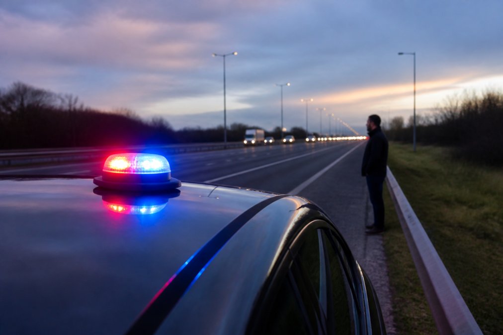 Emergency Beacon Review for UK Motorway Safety 2026 A close-up of a high-visibility LED emergency beacon with a magnetic base attached to the roof of a car on a motorway hard shoulder at dusk, with red and blue lights flashing and a driver standing safely behind the barrier