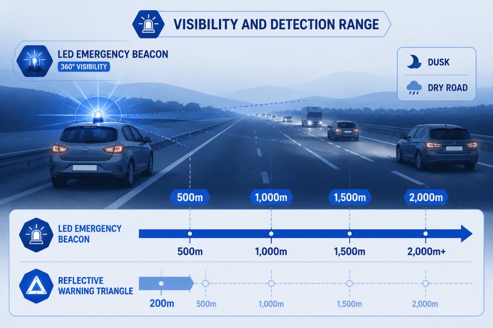 Emergency Beacon vs Reflective Warning Triangle: 2026 UK Guide Stationary vehicle on a motorway at dusk with an active LED emergency beacon flashing on its roof, showing visibility from distance with other vehicles approaching in lanes ahead
