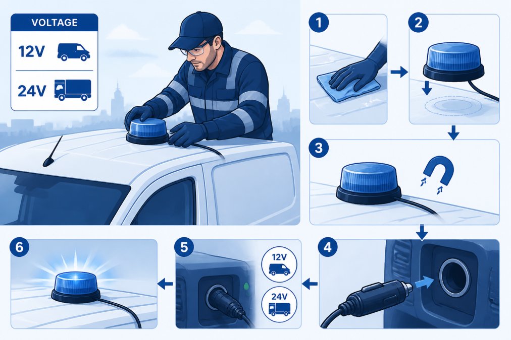 Emergency Beacons for Small Fleets: A 2026 Guide Fleet maintenance technician installing a magnetic-base emergency beacon on a van roof in daylight, showing the practical mounting process and electrical connection