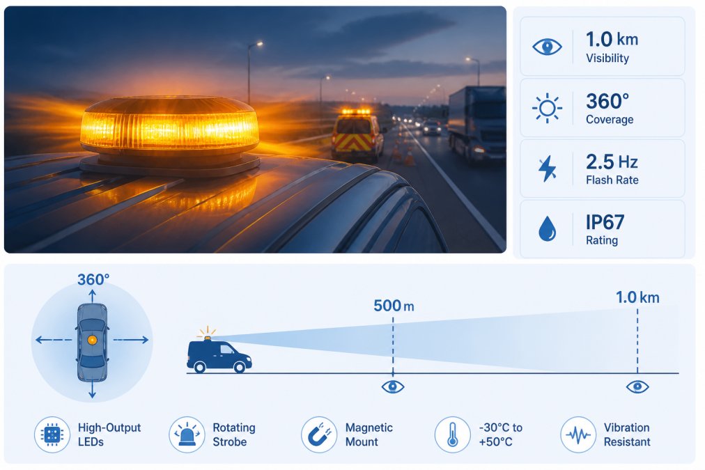 Emergency Beacons for Small Fleets: A 2026 Guide Close-up of an amber LED strobe beacon mounted on a vehicle roof during dusk conditions, showing the bright rotating light pattern illuminating the surrounding area on a motorway