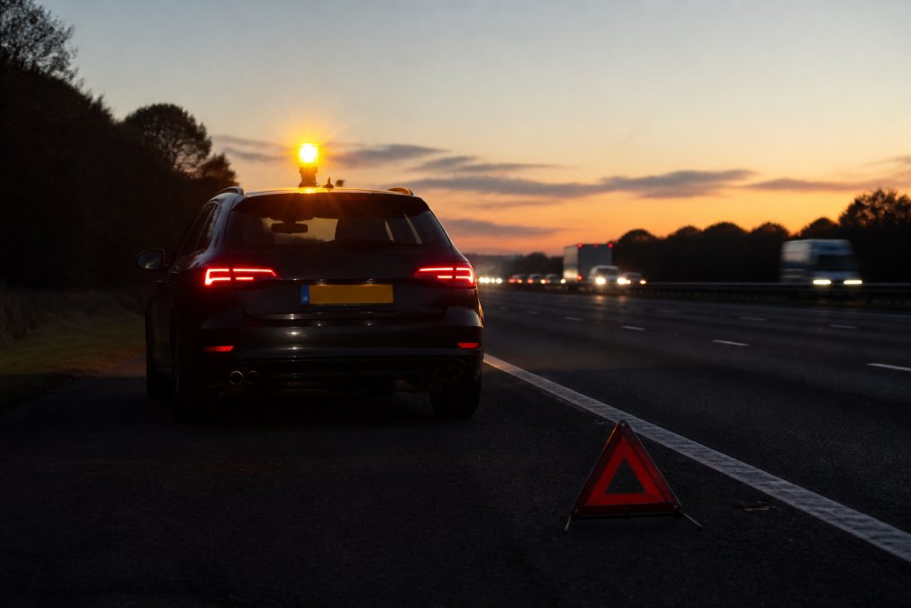 Emergency Beacons vs Triangles: Which Saves Lives? A stationary vehicle on a motorway at dusk with an illuminated LED emergency beacon mounted on the roof, clearly visible against the darkening sky while a reflective warning triangle sits on the roadside in shadow