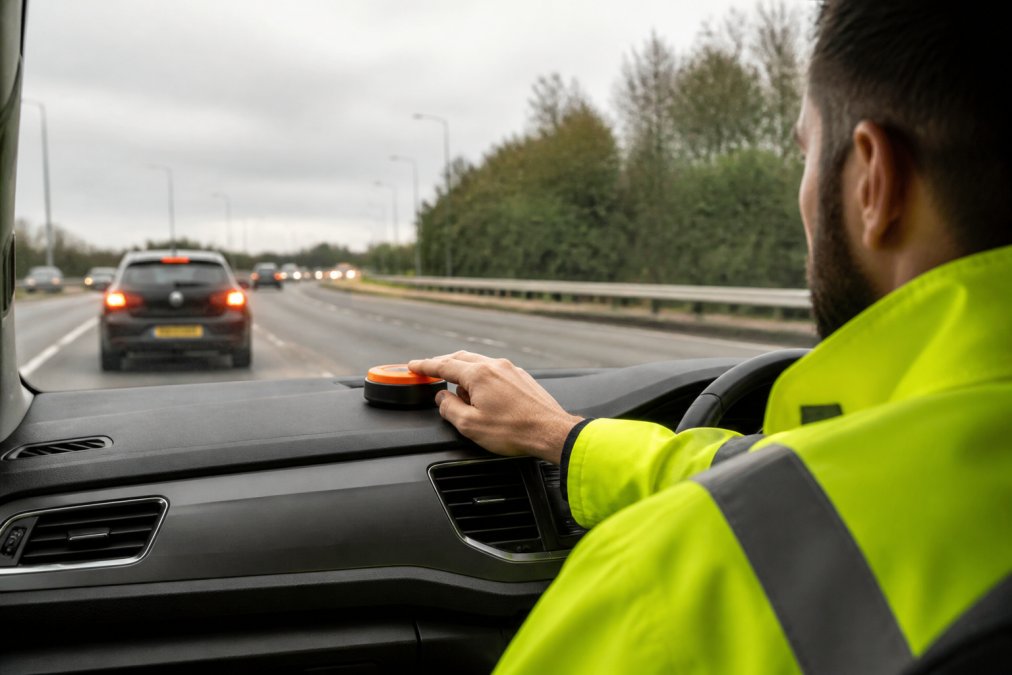 Emergency Beacons vs Triangles: Which Saves Lives? A driver safely positioned inside a vehicle during breakdown, activating a GPS-enabled emergency beacon on the dashboard, with hazard lights visible through the windscreen