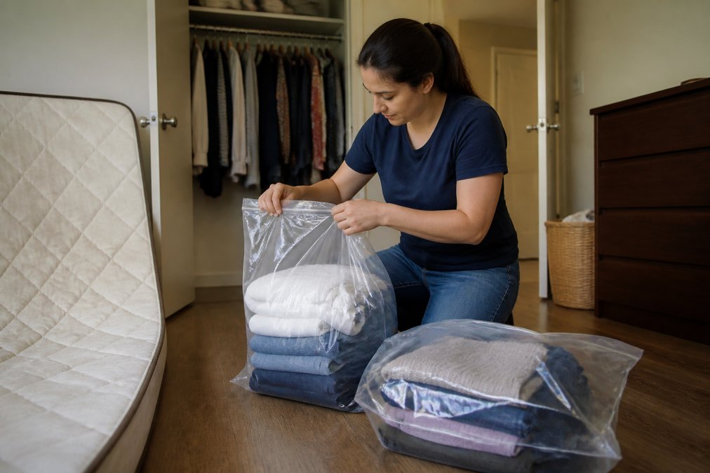 Person kneeling on a bedroom floor placing bedding and folded clothing into sealed clear plastic bags, with an open closet and stripped mattress visible in the background