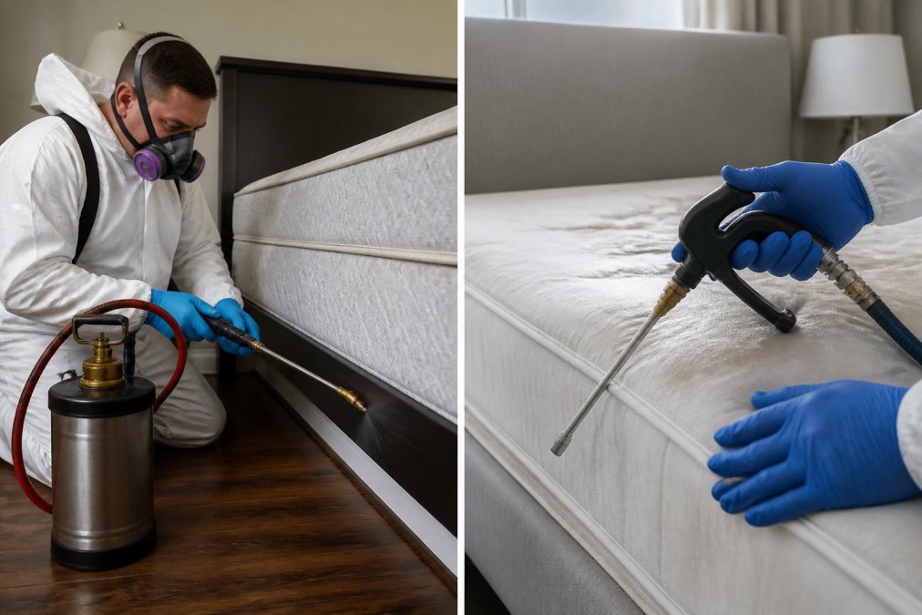 Licensed pest control technician in protective white uniform and gloves applying liquid insecticide spray along bedroom baseboards and mattress perimeter with professional equipment