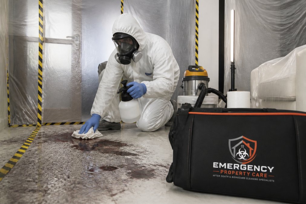 Professional biohazard technician in full personal protective equipment including respirator, protective suit, and gloves, working in a contaminated residential space with sealed containment and specialised equipment visible