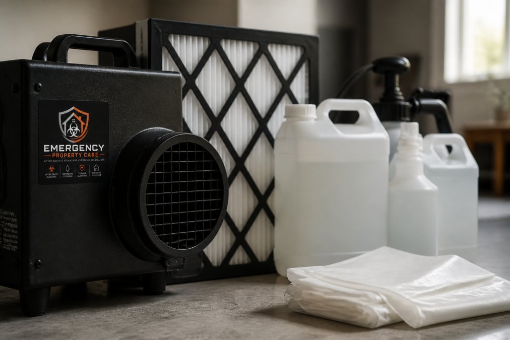 Close-up of HEPA filtration equipment and sealed containers of professional-grade chemical disinfectants arranged on a work surface, showing the specialised scale of equipment used in biohazard decontamination