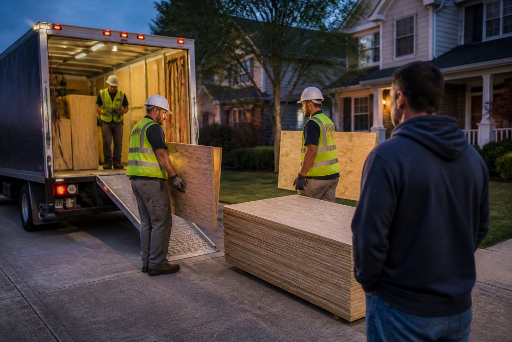 Restoration technicians unloading plywood from a truck for an emergency board up at a residential property.