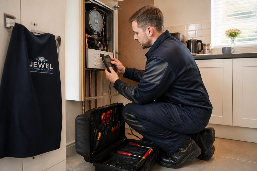 A heating engineer in clean workwear kneeling beside an open wall-mounted boiler in a British home kitchen, holding a diagnostic tool, with a toolbox on the floor beside him