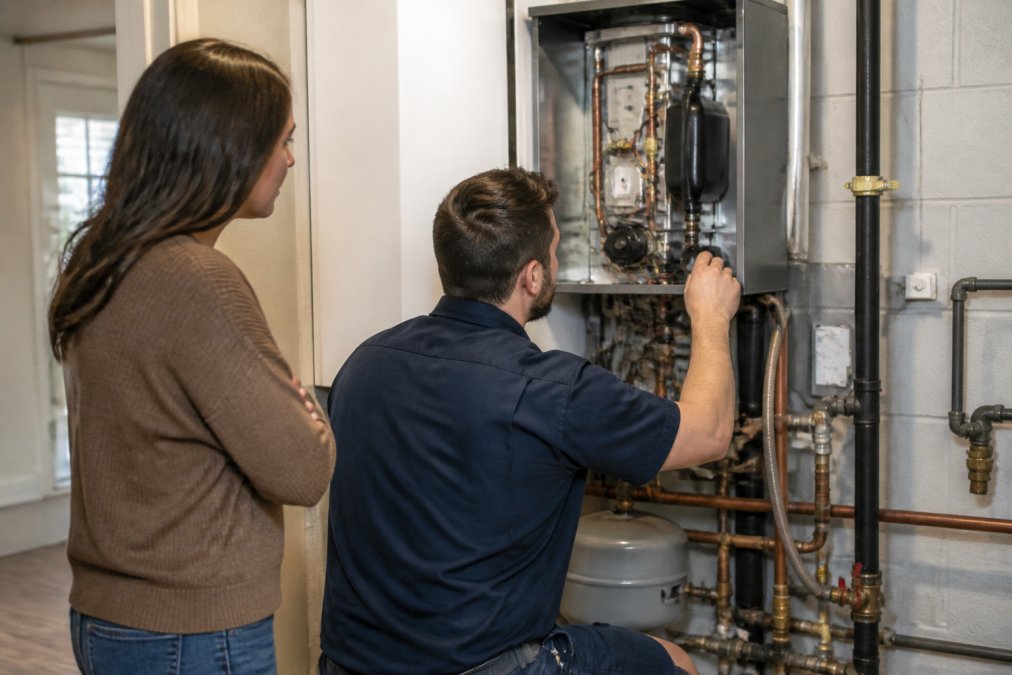 Process diagram showing steps for professional and technician and branded concepts for emergency boiler repair
