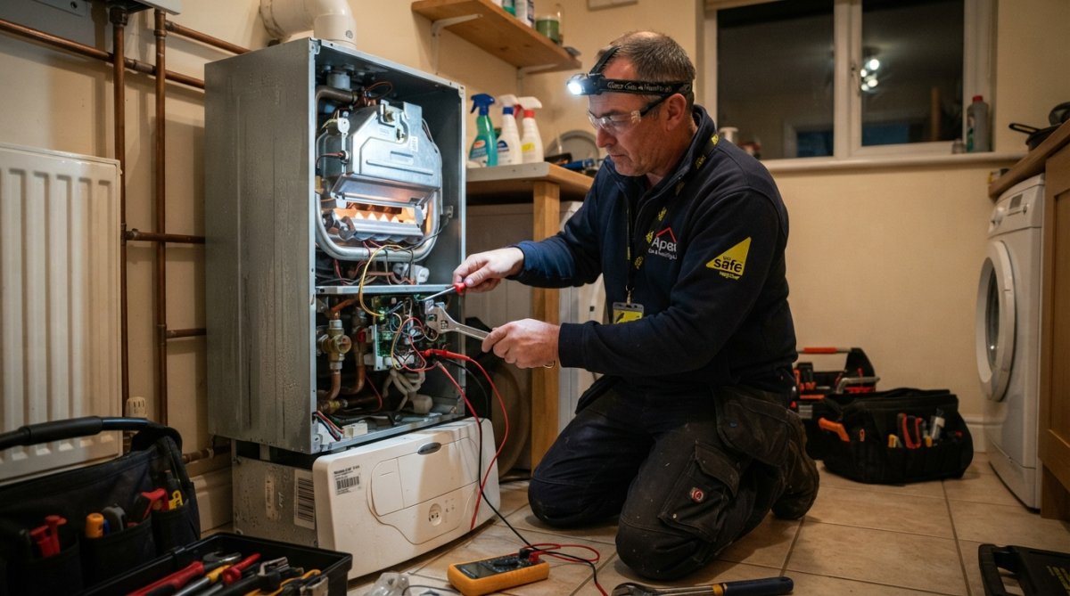 A Gas Safe registered heating engineer in uniform examining a boiler control panel in a residential kitchen, clipboard in hand, with natural light from a window