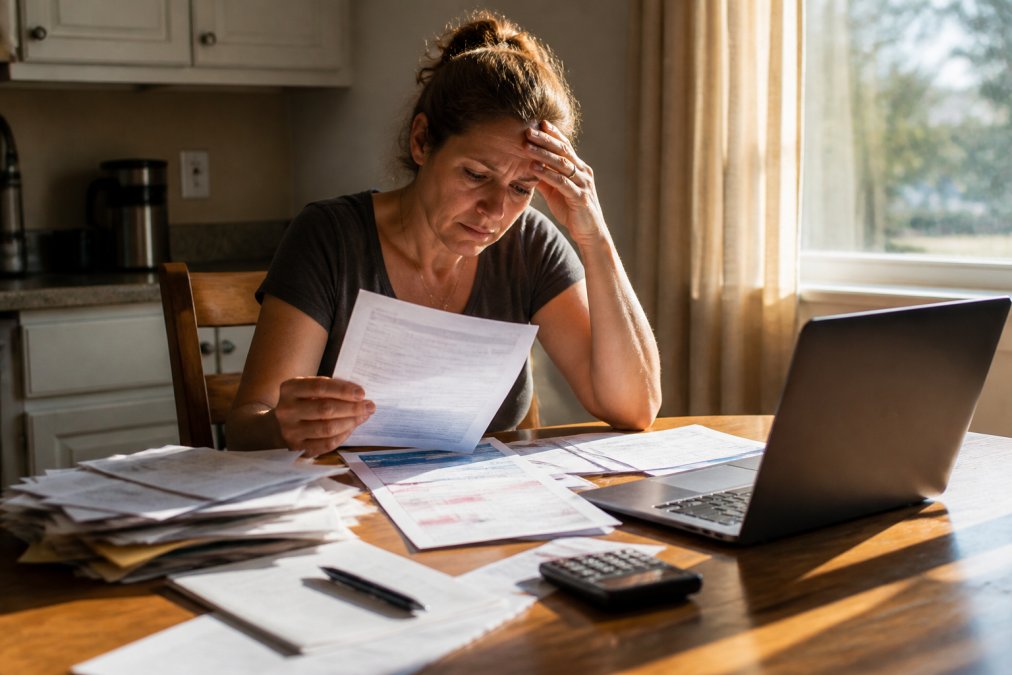 A homeowner at a kitchen table reviewing foreclosure notices and loan documents, a laptop open with an application form visible, tense afternoon light through the window