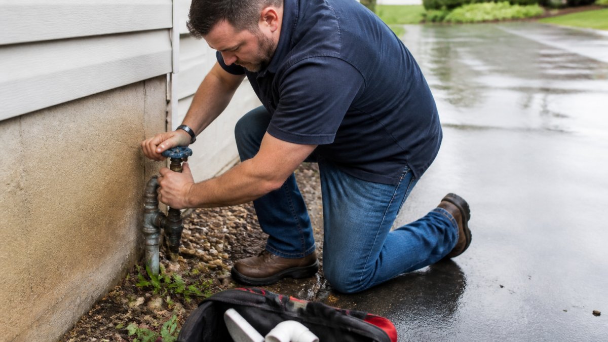 A homeowner kneeling at an outdoor main water shutoff valve beside a house wall, turning the handle with both hands, wet driveway in the background