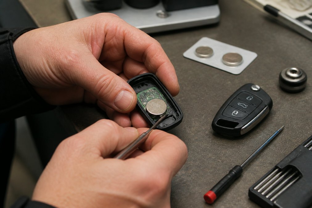 Close-up of hands carefully opening an EV key fob casing with a small tool, revealing the coin-cell battery inside, with spare batteries and tools arranged on a workbench