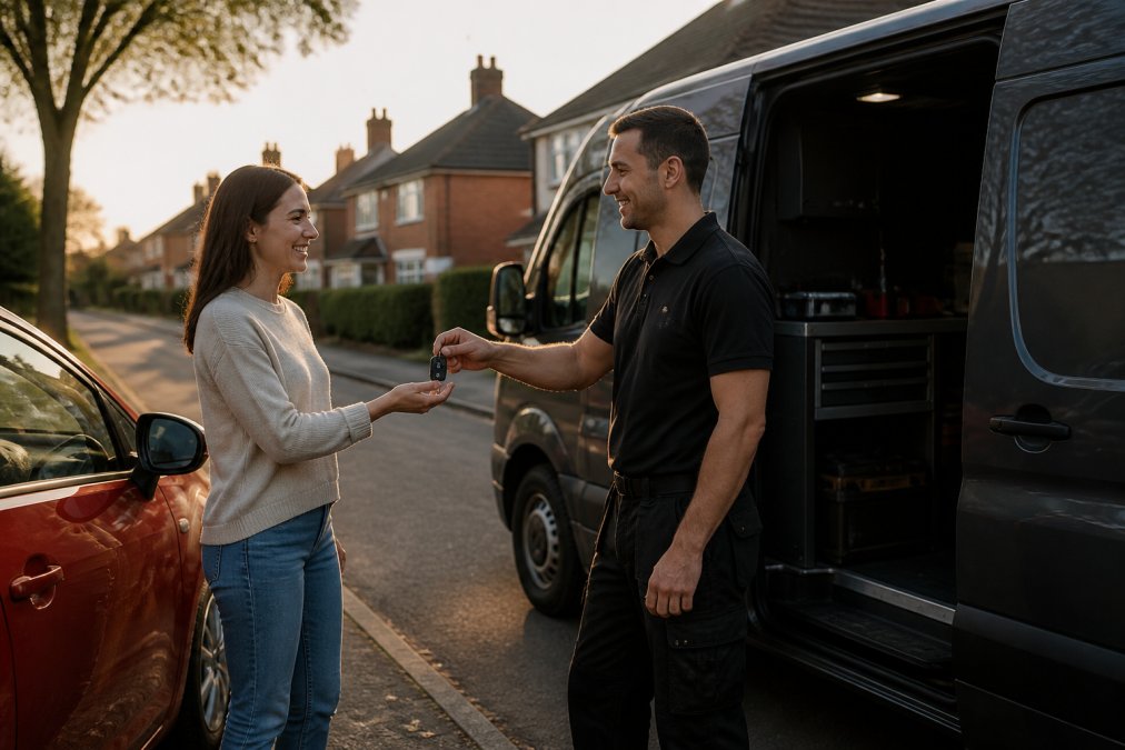 A professional auto locksmith in a branded van handing a newly cut car key to a relieved driver beside their car on a residential street in late afternoon light