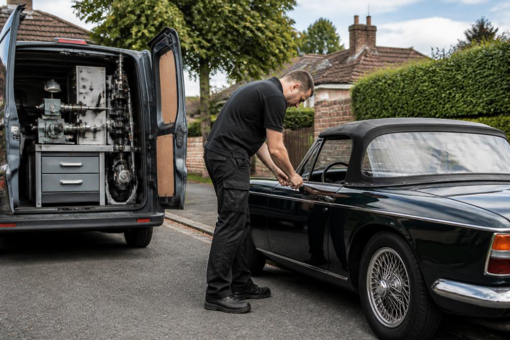 A professional mobile locksmith in a branded van, opening the door of a classic British sports car parked on a residential street, with key cutting equipment visible
