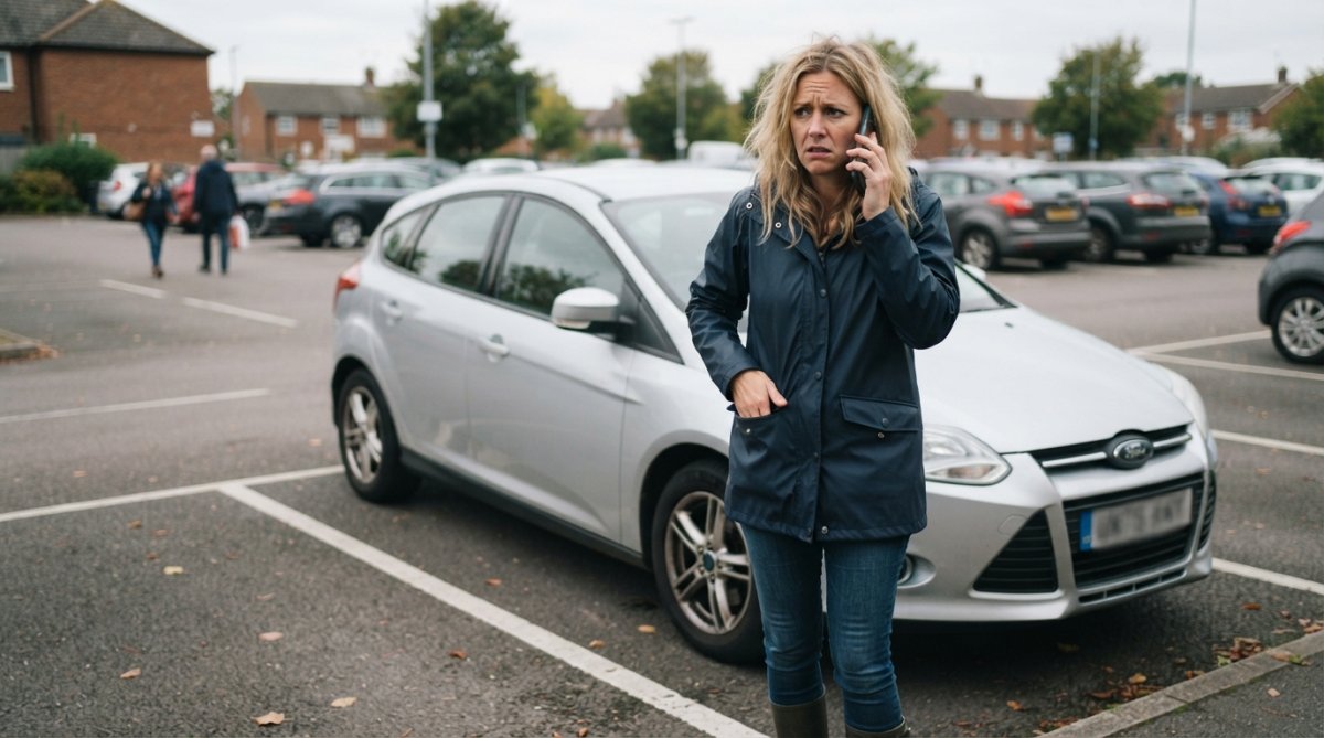 Driver standing beside parked car, checking pockets with concerned expression, holding mobile phone ready to call for assistance