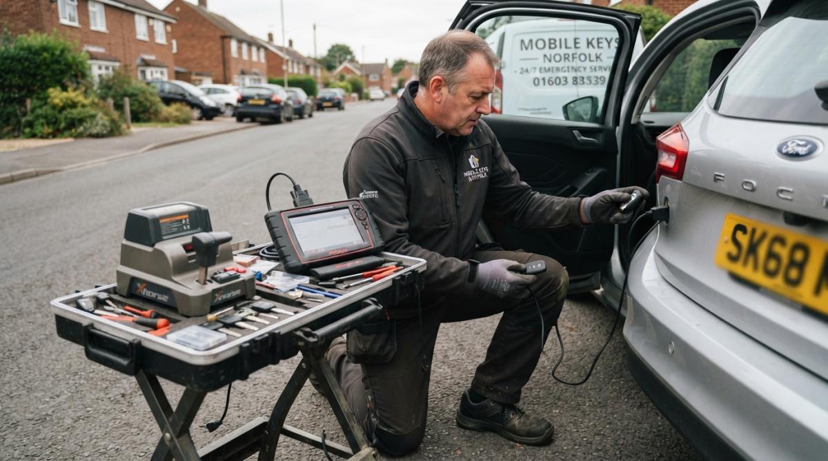 Mobile locksmith technician working at vehicle door with diagnostic scanner and key cutting equipment visible on work tray, showing professional on-site service setup