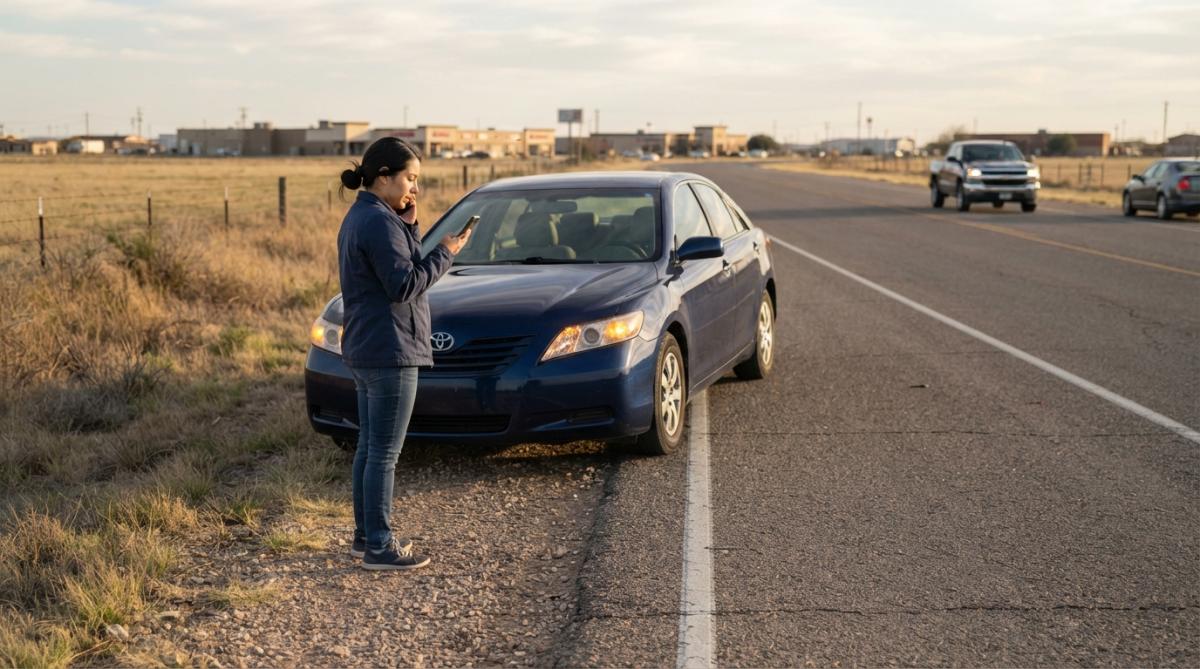 A person standing safely on the shoulder beside a locked sedan with hazard lights on, phone in hand, late afternoon light on a two-lane road