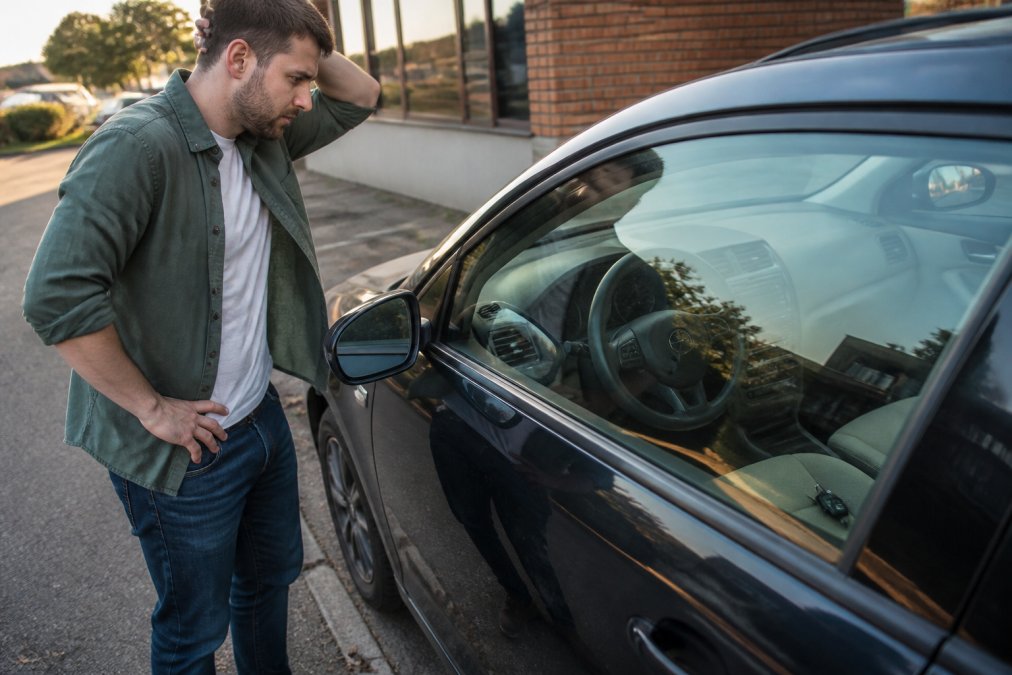 Frustrated driver standing outside their locked car, looking at keys visible on the driver's seat through the window, afternoon sunlight reflecting off the glass