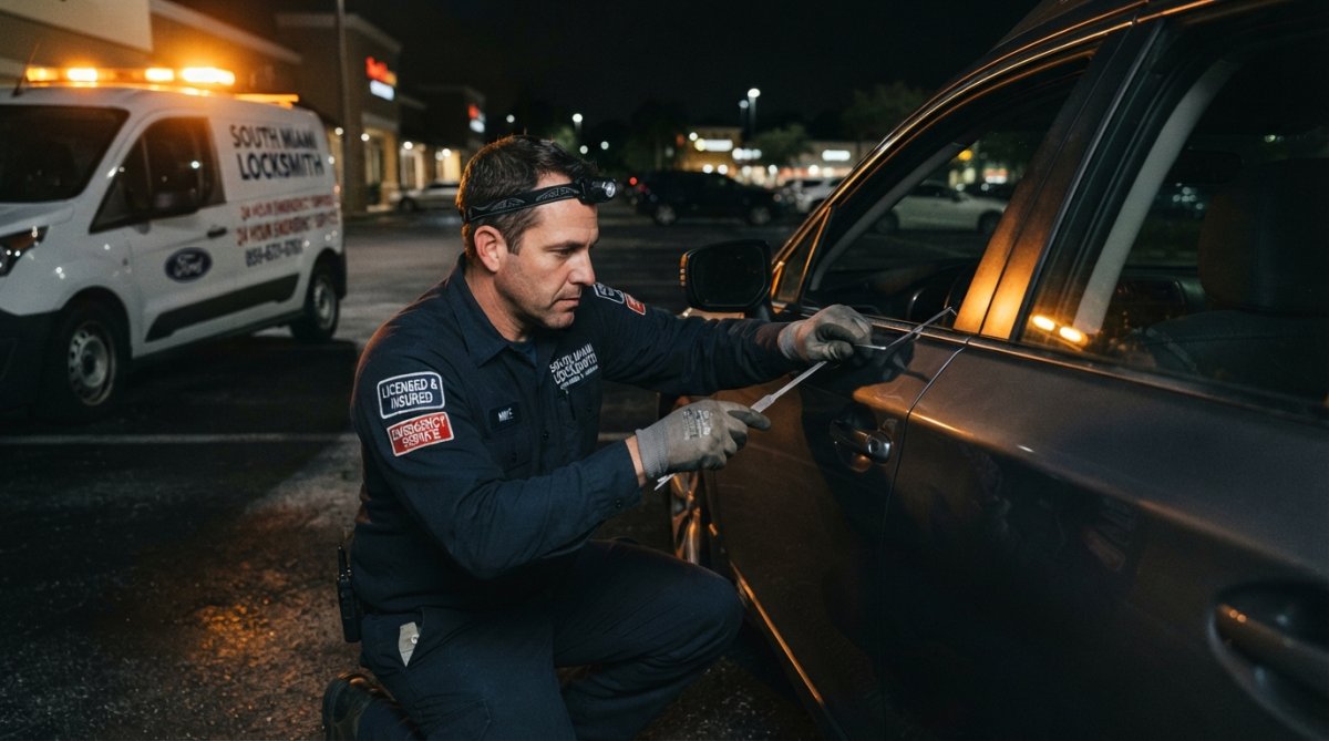 A professional locksmith in a branded uniform using specialized lockout tools on a car door in a parking lot at night, with emergency vehicle lighting casting amber light across the scene