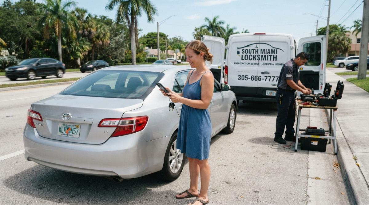 A customer standing beside their car on a sunny roadside, holding a smartphone displaying a locksmith's license verification page, with the technician's service van visible in the background