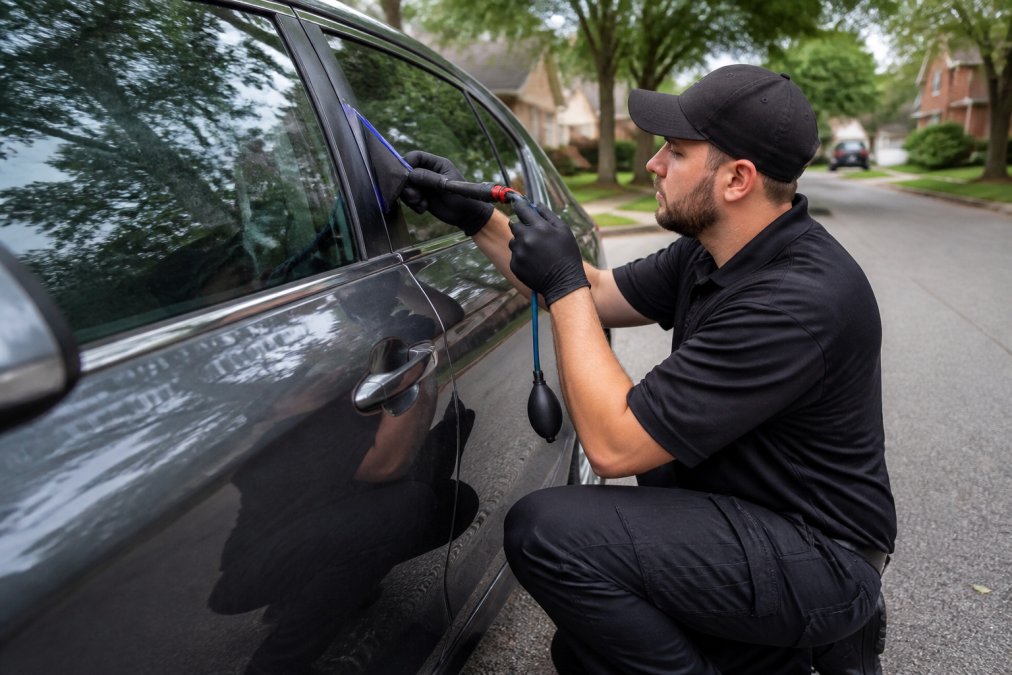 Locksmith using an air wedge to open a sedan during a car lockout service on a quiet residential street