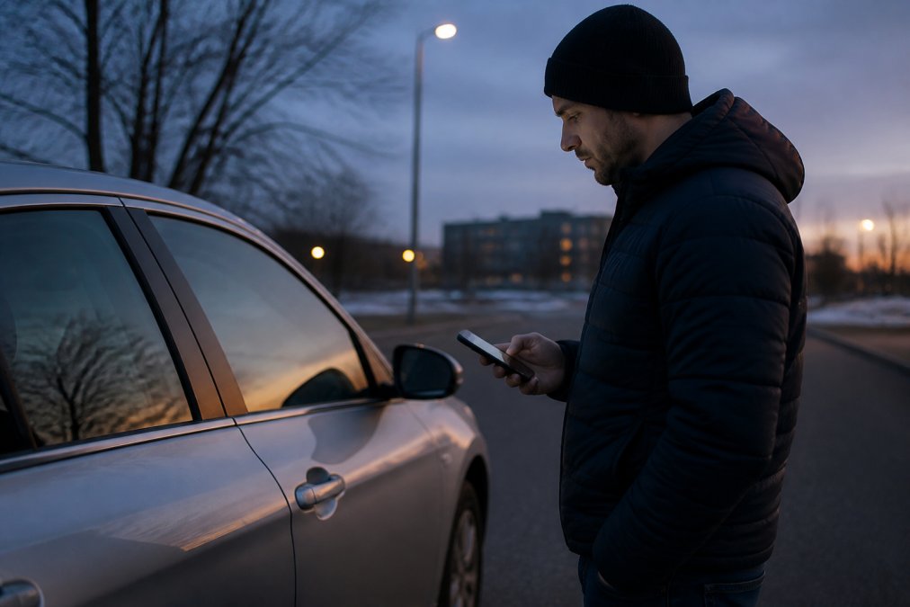 Driver standing by a locked car at dusk, holding a phone to call for an emergency car lockout service.