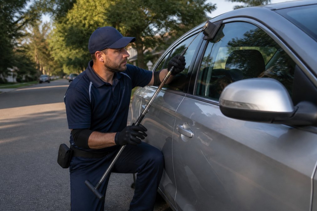 A professional locksmith in a branded navy uniform kneeling beside a modern silver sedan parked on a quiet residential street, using an air wedge and a long metal reach tool to carefully open the driver-side door without damaging the window, late afternoon sunlight casting long shadows