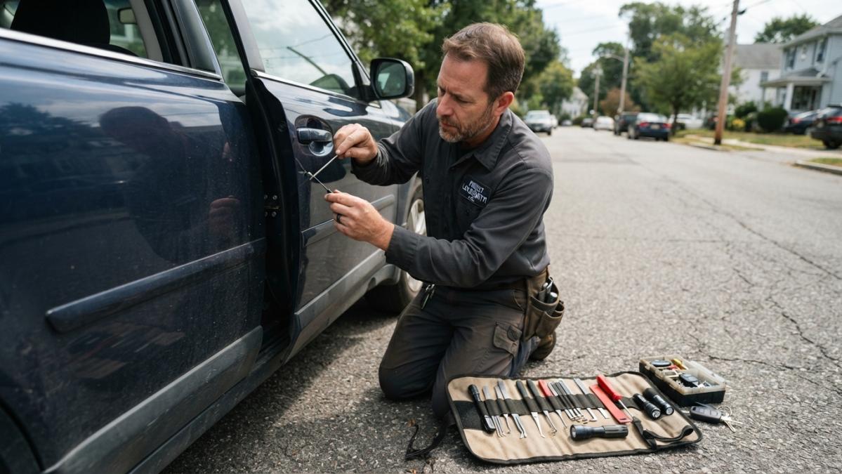 Locksmith using specialized tools for an emergency car lockout service on a vehicle door